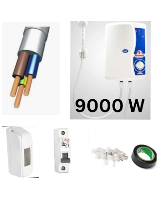 Artemis Elektrikli Şofben 9000 W Yuksek Isı 3MT Kablolu Tam Takım Set