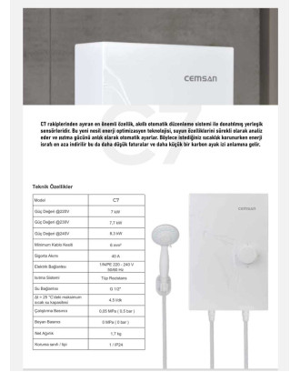 Cemsan C7 Elektrikli Şofben 5 Metre Kablo Dahil Montaja Hazır Set Cemsan C7 Elektrikli Şofben 5 Metre Kablo Dahil Montaja Hazır Set