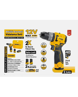 SGS 5081 Akülü Darbeli Vidalama Seti 12V 2x2.5Ah Kömürsüz Motor Şarjlı Matkap